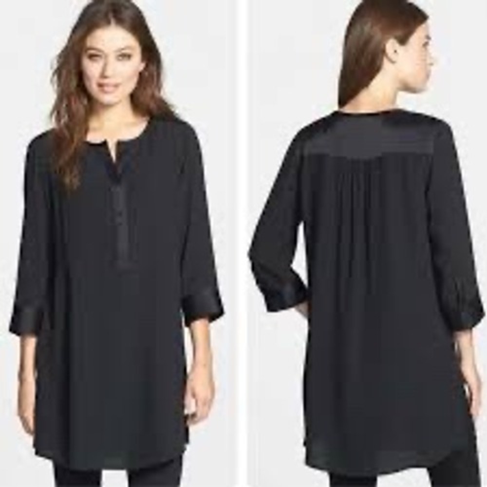 Eileen Fisher Black 100% Silk Sheer High-Low Tunic Blouse Mandarin Collar Size S